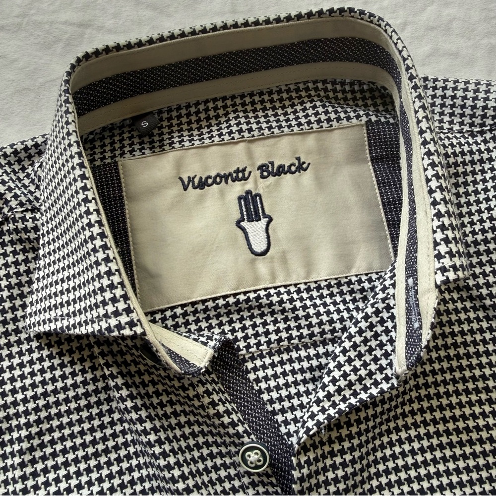 NWOT LUCHIANO VISCONTI Black Series Men's S‎ Navy White Houndstooth LS Shirt S